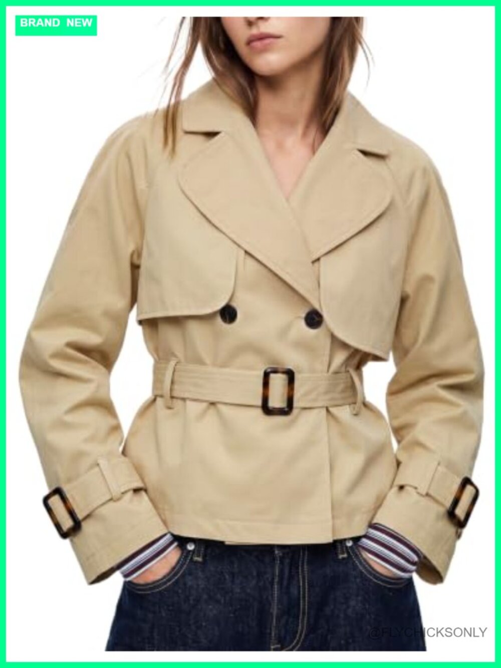 Women Cropped Trench Coat Double Breasted Belted Jacket